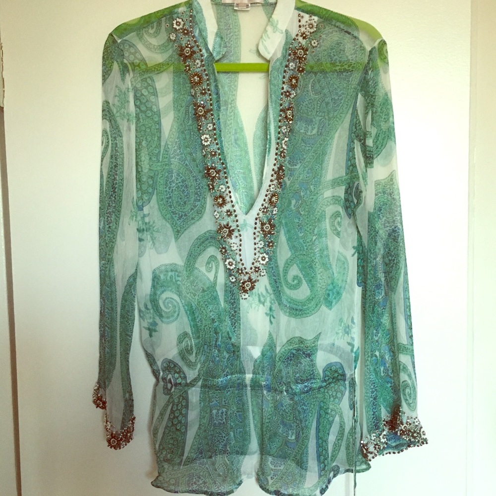 Monique Leshman Sheer Paisley Tunic in Green and Teal with Embellished V-Neck